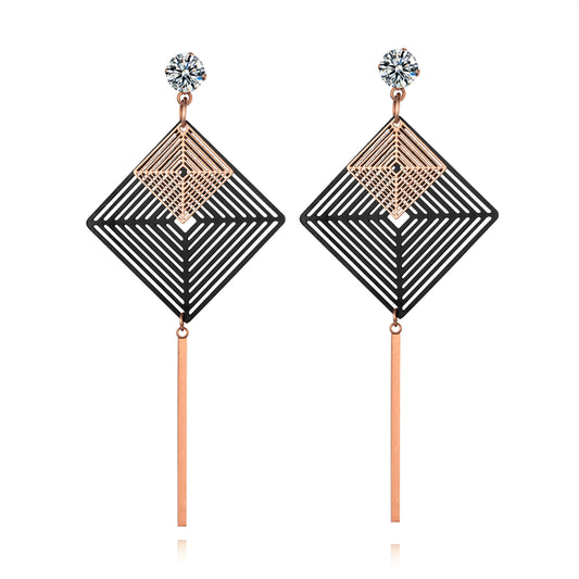 1 Pair Casual Simple Style Square Plating Inlay Stainless Steel Titanium Steel Rhinestones Rose Gold Plated Drop Earrings