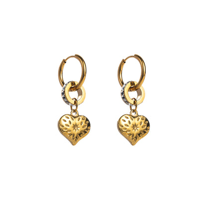 1 Pair Cute Heart Shape Butterfly Plating Inlay Titanium Steel Rhinestones Gold Plated Earrings