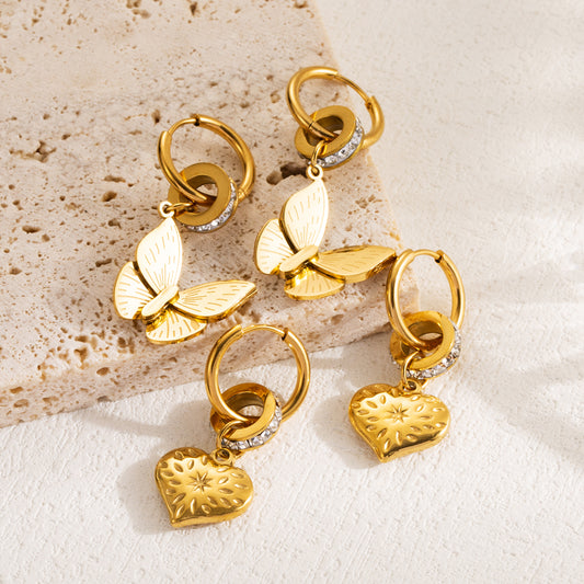 1 Pair Cute Heart Shape Butterfly Plating Inlay Titanium Steel Rhinestones Gold Plated Earrings