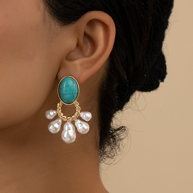 1 Pair Vintage Style Ethnic Style Round Inlay Alloy Artificial Gemstones Turquoise Drop Earrings