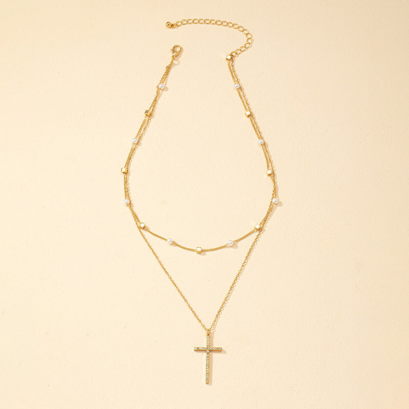 Simple Style Classic Style Cross Alloy Plating Inlay Artificial Rhinestones 14k Gold Plated Women's Double Layer Necklaces