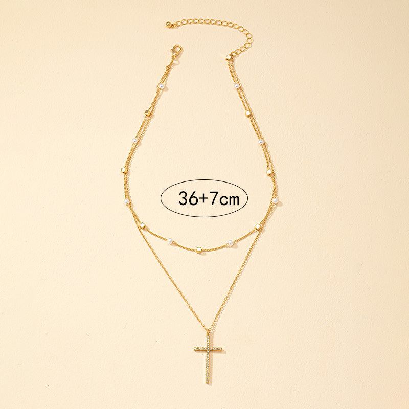 Simple Style Classic Style Cross Alloy Plating Inlay Artificial Rhinestones 14k Gold Plated Women's Double Layer Necklaces