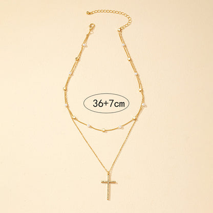 Simple Style Classic Style Cross Alloy Plating Inlay Artificial Rhinestones 14k Gold Plated Women's Double Layer Necklaces