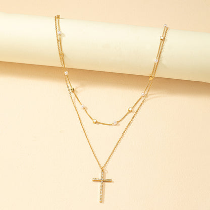 Simple Style Classic Style Cross Alloy Plating Inlay Artificial Rhinestones 14k Gold Plated Women's Double Layer Necklaces