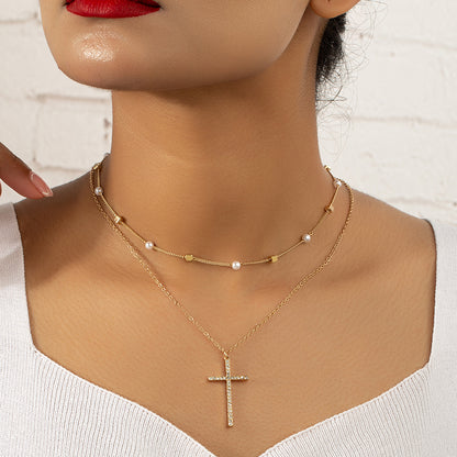 Simple Style Classic Style Cross Alloy Plating Inlay Artificial Rhinestones 14k Gold Plated Women's Double Layer Necklaces