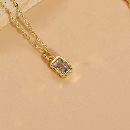 Elegant Classic Style Square Copper Plating Inlay Zircon 14k Gold Plated Pendant Necklace