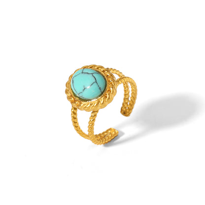 Retro Circle Stainless Steel Polishing Plating Inlay Turquoise 18k Gold Plated Rings