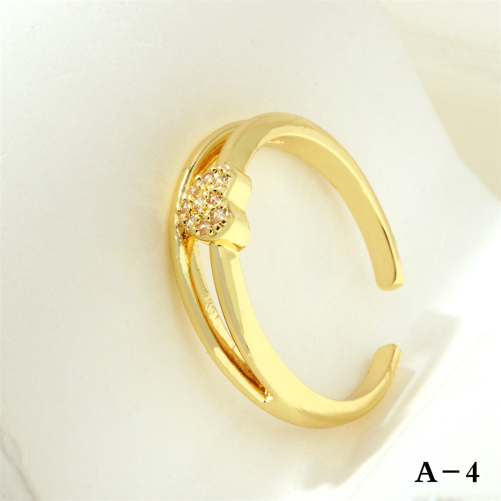 Luxurious Letter Heart Shape Copper 18k Gold Plated Zircon Open Rings In Bulk