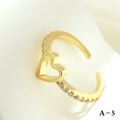 Luxurious Letter Heart Shape Copper 18k Gold Plated Zircon Open Rings In Bulk