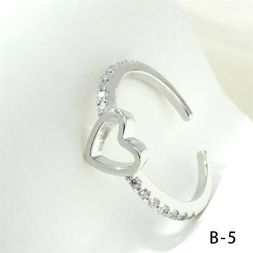 Luxurious Letter Heart Shape Copper 18k Gold Plated Zircon Open Rings In Bulk