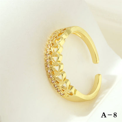 Luxurious Letter Heart Shape Copper 18k Gold Plated Zircon Open Rings In Bulk