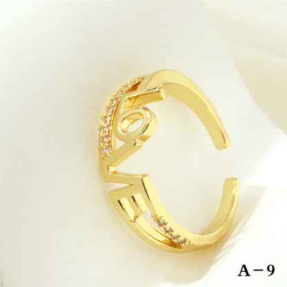 Luxurious Letter Heart Shape Copper 18k Gold Plated Zircon Open Rings In Bulk