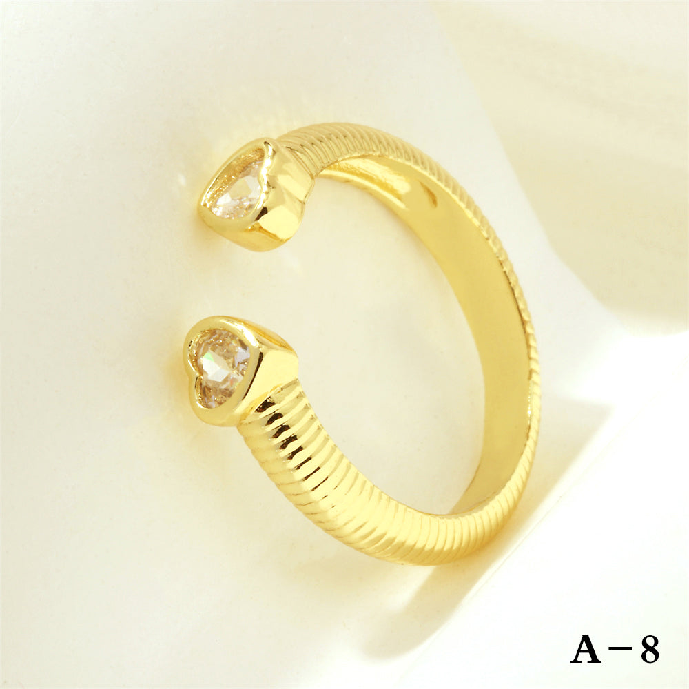 Luxurious Letter Heart Shape Copper 18k Gold Plated Zircon Open Rings In Bulk