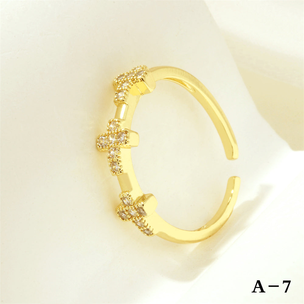 Simple Style Cross Letter Lines Copper Plating Inlay Zircon 18k Gold Plated Open Rings