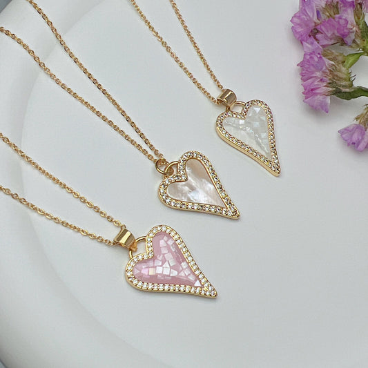 Sweet Simple Style Heart Shape Copper Plating Inlay Shell Zircon 18k Gold Plated Pendant Necklace