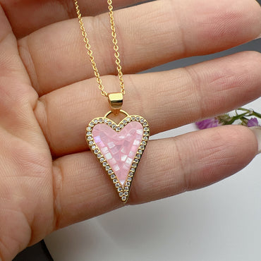 Sweet Simple Style Heart Shape Copper Plating Inlay Shell Zircon 18k Gold Plated Pendant Necklace