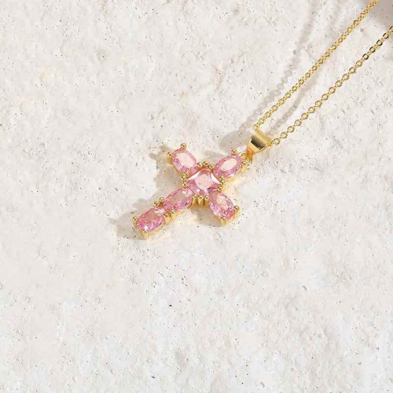 Basic Cross Copper Irregular Plating Inlay Zircon 14k Gold Plated Necklace