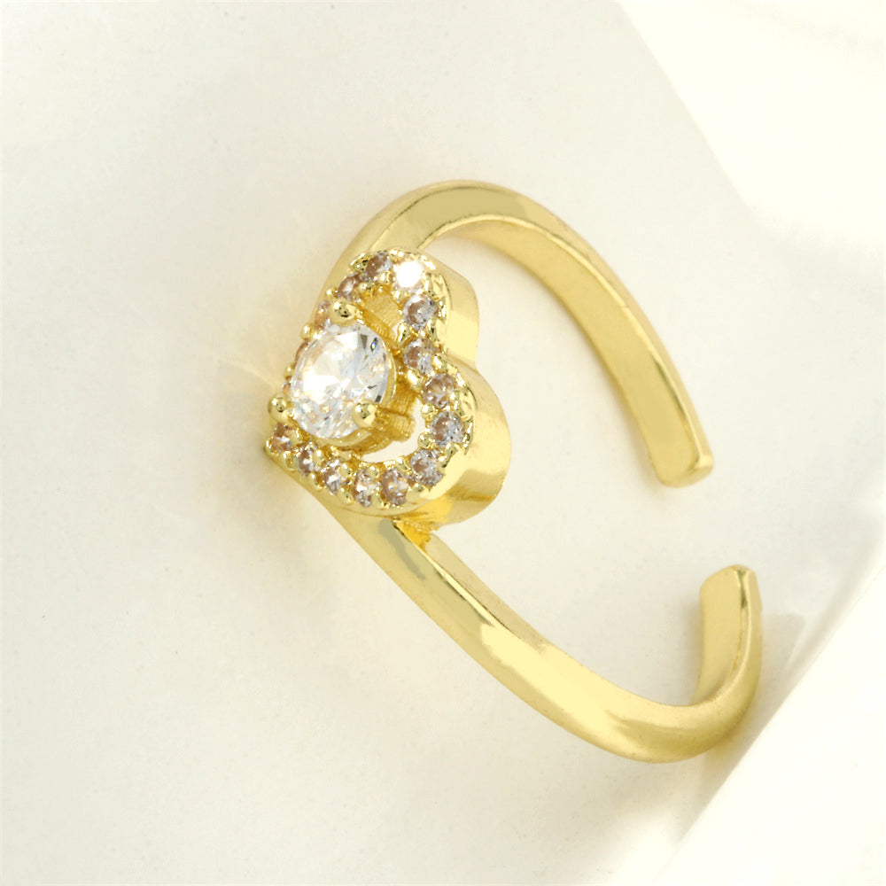 Casual Square Water Droplets Heart Shape Copper 18k Gold Plated Zircon Open Rings In Bulk