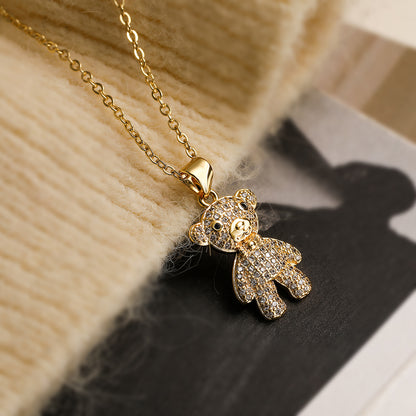 Cute Vacation Simple Style Little Bear Copper Plating Inlay Zircon 18k Gold Plated Pendant Necklace