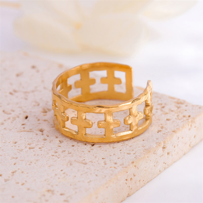 Casual Streetwear Cross Round Stainless Steel Plating 18k Gold Plated Open Rings