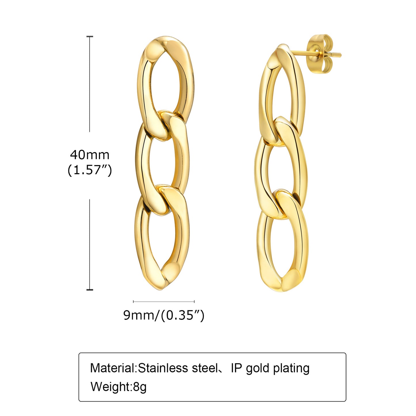 1 Pair Simple Style Chain Plating Stainless Steel Gold Plated Drop Earrings