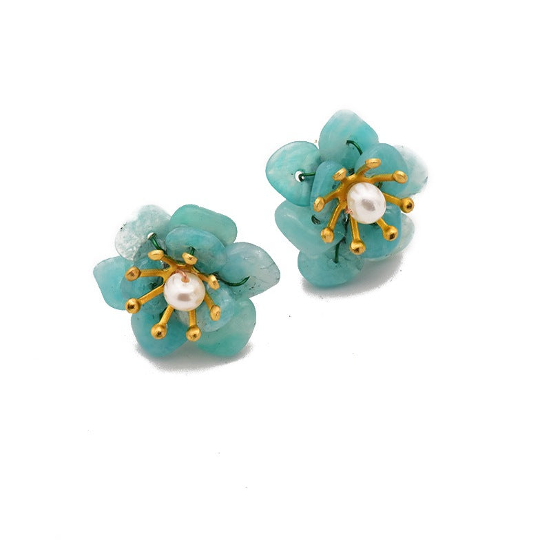 1 Pair Retro Flower Plating Inlay Copper Natural Stone Pearl 18k Gold Plated Ear Studs