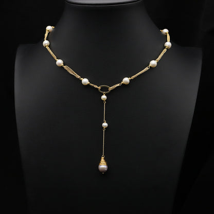 Retro Bow Knot Freshwater Pearl Copper Plating Gold Plated Necklace