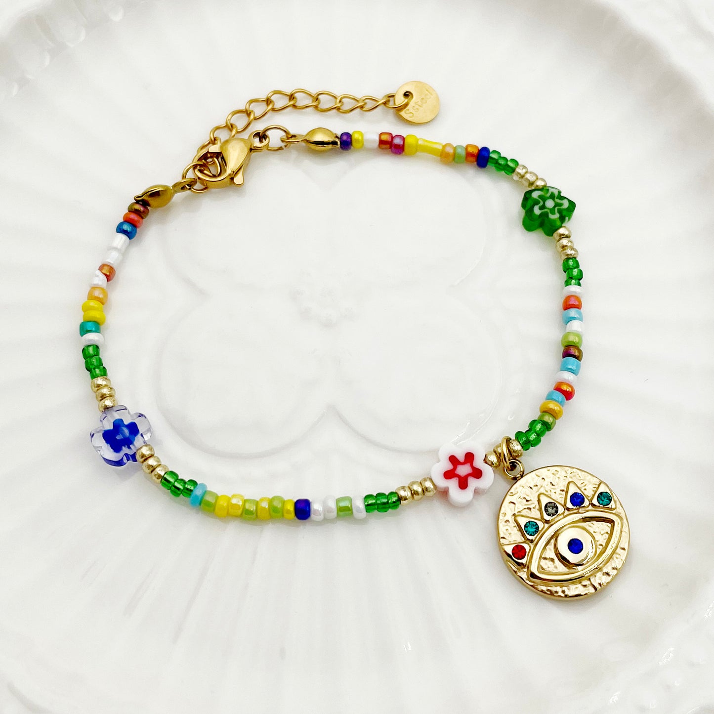 Casual Vacation Devil's Eye Flower Stainless Steel Beaded Plating Gold Plated Bracelets Necklace