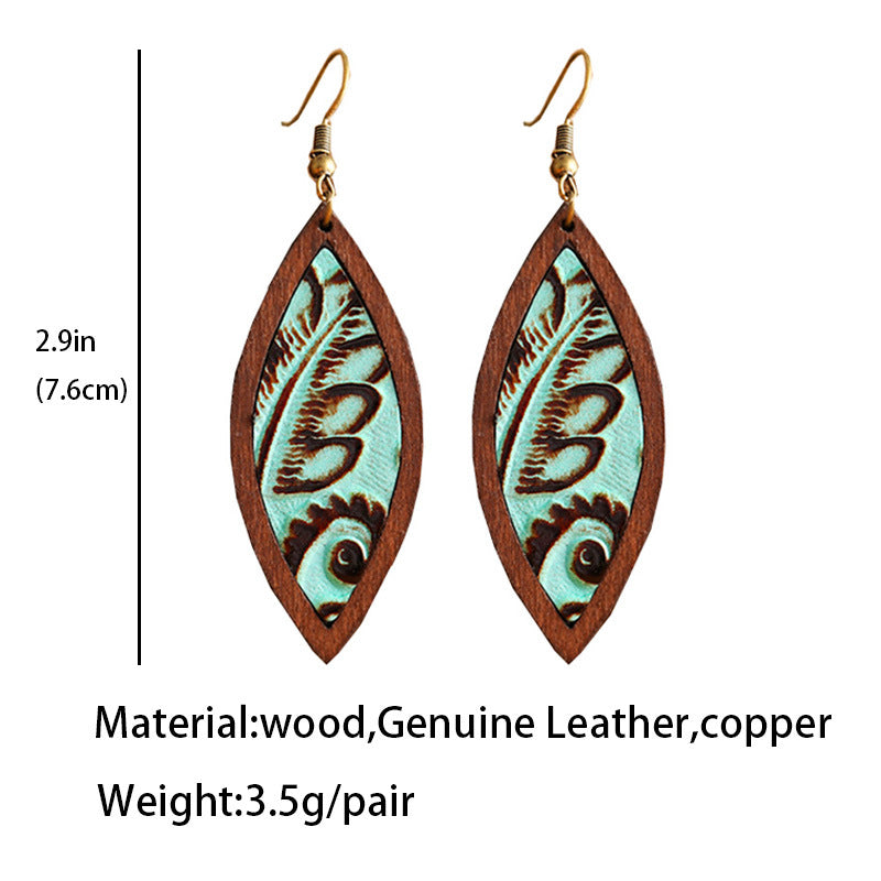 1 Pair Retro Fish Wood Leather Copper Drop Earrings