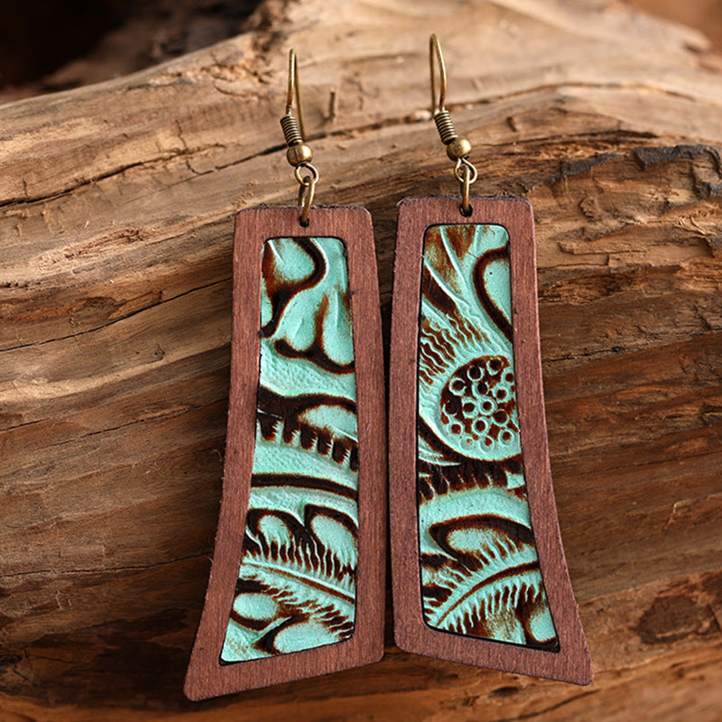 1 Pair Retro Fish Wood Leather Copper Drop Earrings