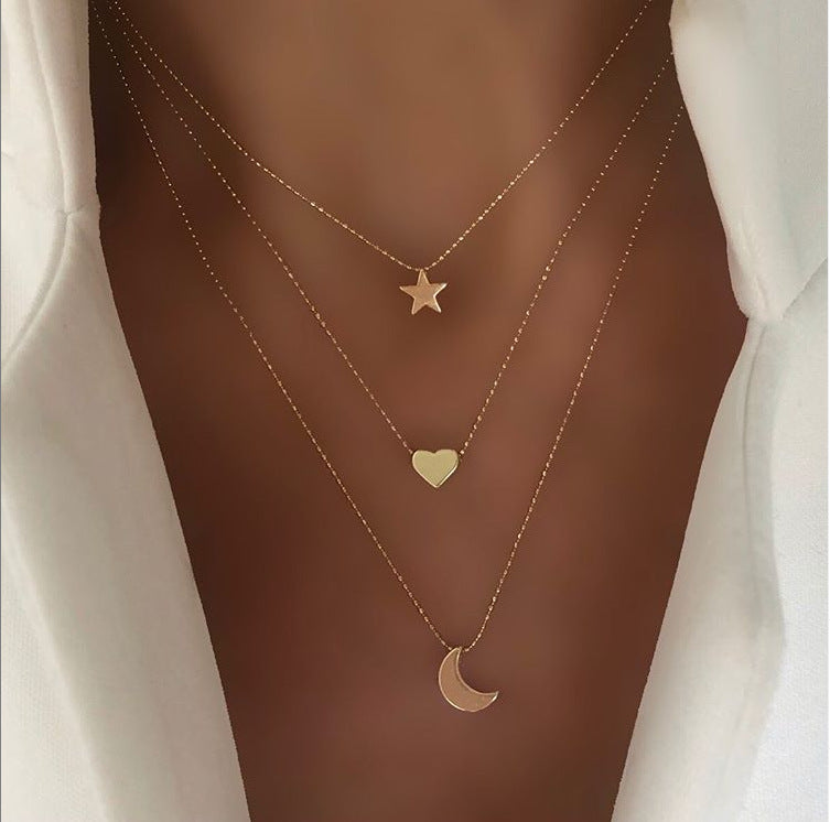 Ig Style Star Moon Heart Shape Alloy Hollow Out Inlay Rhinestones Women's Three Layer Necklace