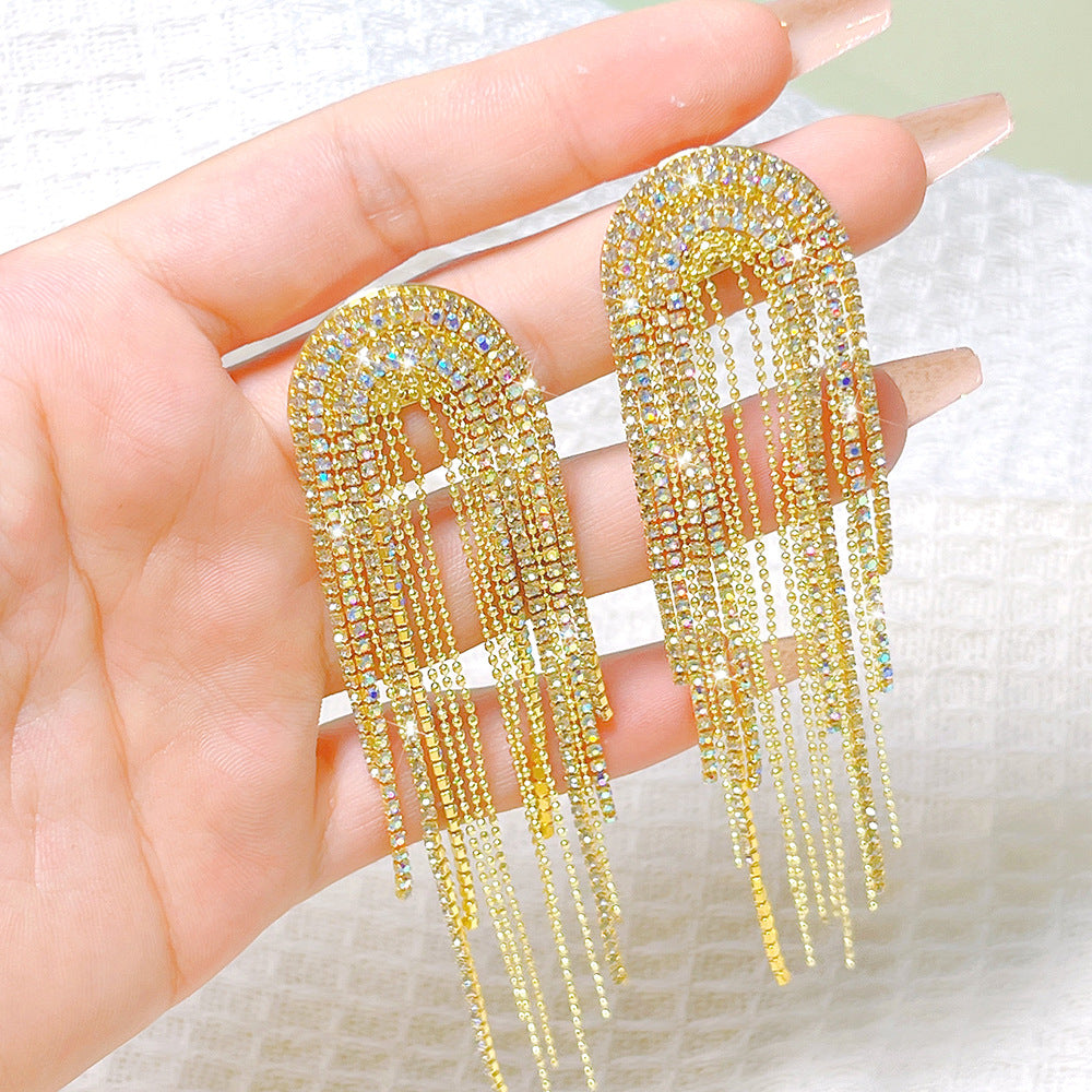 1 Pair Elegant Streetwear U Shape Tassel Inlay Copper Zircon Drop Earrings