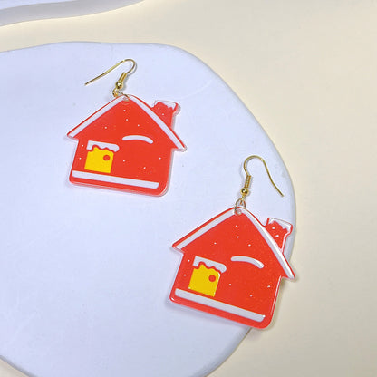 1 Pair Cute Ethnic Style Cartoon Character Christmas House Snowman Printing Arylic Drop Earrings