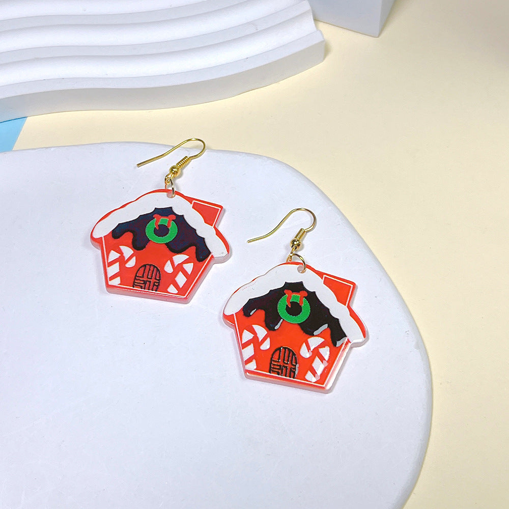 1 Pair Cute Ethnic Style Cartoon Character Christmas House Snowman Printing Arylic Drop Earrings