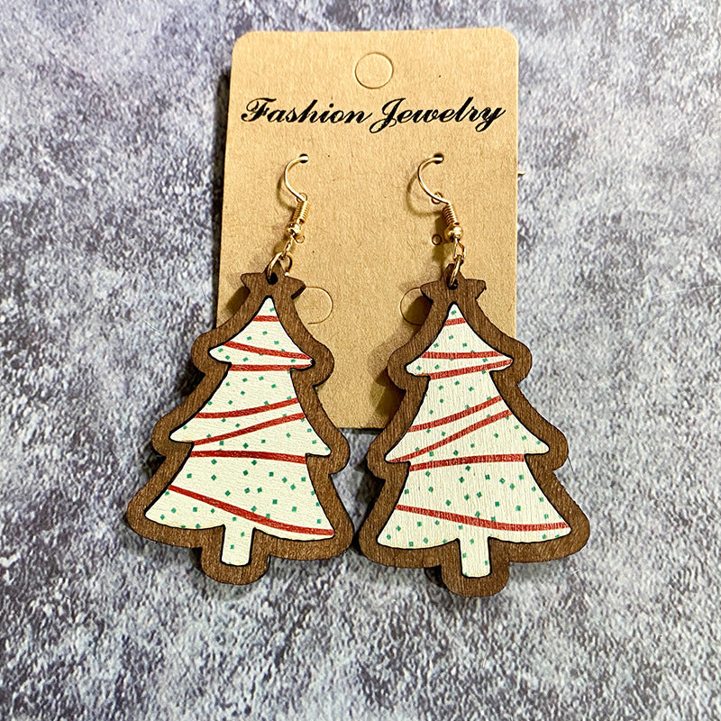 1 Pair Retro Christmas Tree Plaid Wood Drop Earrings