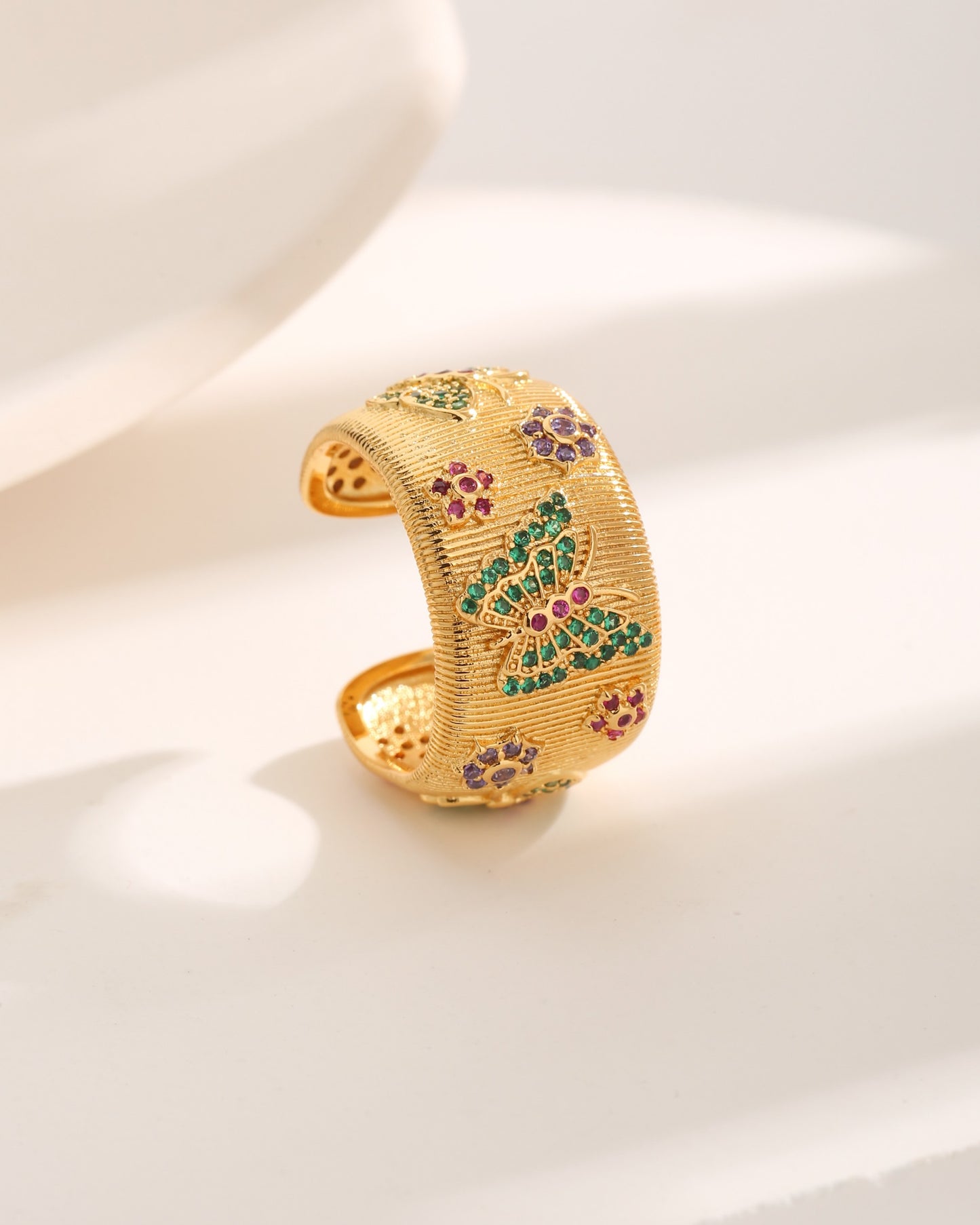 French Style Commute Flower Butterfly Copper Plating Inlay Zircon 18k Gold Plated Open Rings