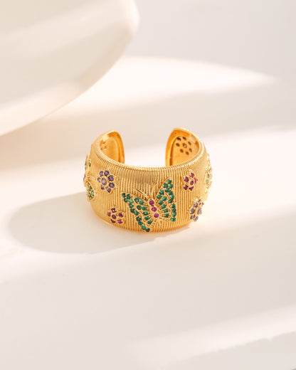 French Style Commute Flower Butterfly Copper Plating Inlay Zircon 18k Gold Plated Open Rings