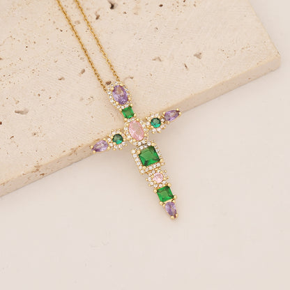 Commute Cross Copper Inlay Zircon Pendant Necklace