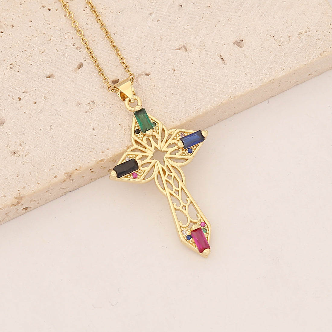 Commute Cross Copper Inlay Zircon Pendant Necklace