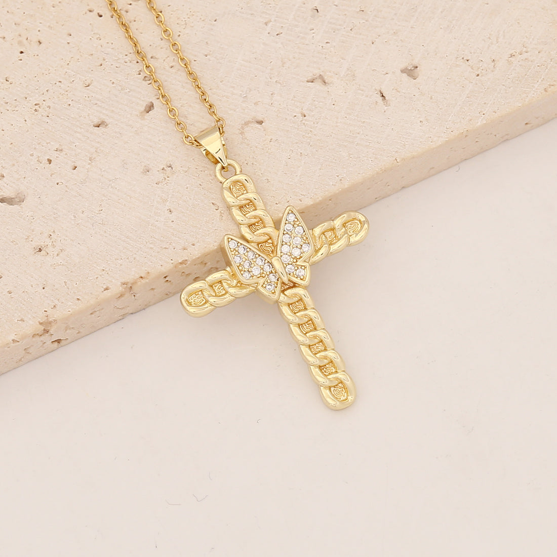 Commute Cross Copper Inlay Zircon Pendant Necklace