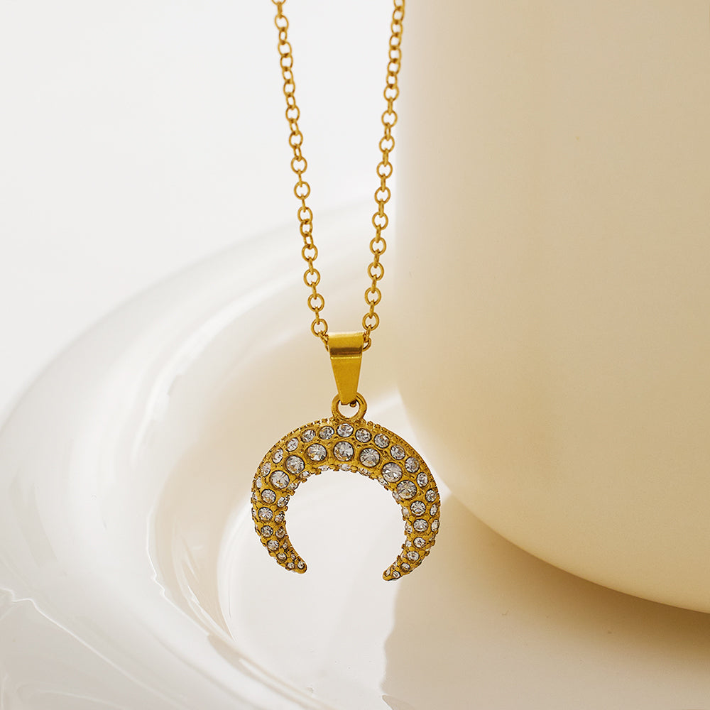 Elegant Moon Stainless Steel 18k Gold Plated Zircon Necklace In Bulk