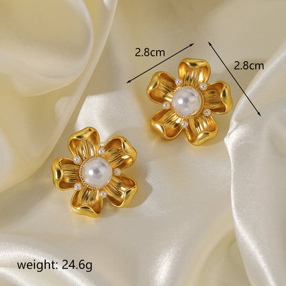 1 Pair Simple Style Flower Plating Inlay Copper Artificial Pearls 14k Gold Plated Ear Studs