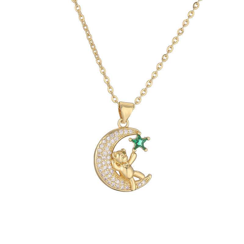 Ig Style Simple Style Little Bear Star Moon Copper Plating Inlay Zircon Gold Plated Pendant Necklace