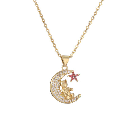 Ig Style Simple Style Little Bear Star Moon Copper Plating Inlay Zircon Gold Plated Pendant Necklace