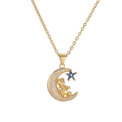 Ig Style Simple Style Little Bear Star Moon Copper Plating Inlay Zircon Gold Plated Pendant Necklace