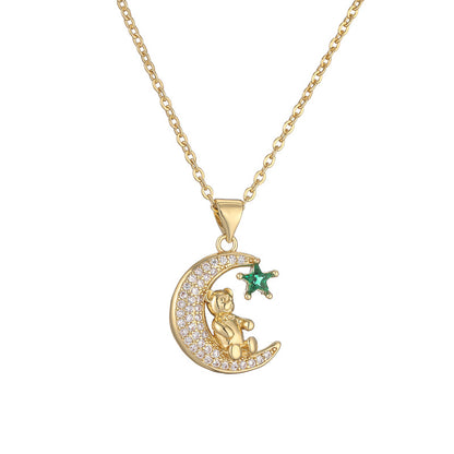 Ig Style Simple Style Little Bear Star Moon Copper Plating Inlay Zircon Gold Plated Pendant Necklace