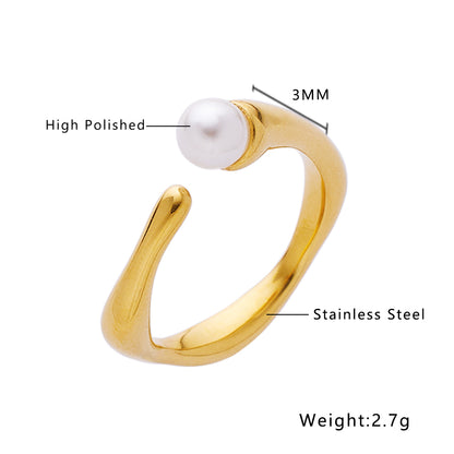 Lady Solid Color Stainless Steel Titanium Steel Plating Inlay Pearl 18k Gold Plated Open Rings