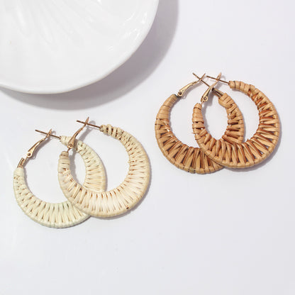 1 Pair Vacation Roman Style Round Frill Hollow Out Straw Earrings