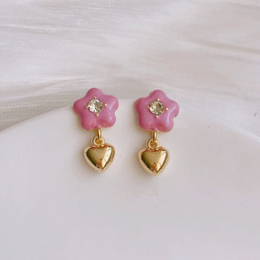 1 Pair Sweet Heart Shape Flower Enamel Plating Inlay Alloy Rhinestones Drop Earrings