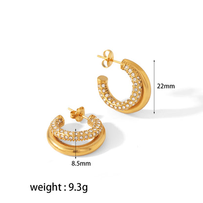 1 Pair Simple Style C Shape Plating Inlay Stainless Steel Rhinestones 18k Gold Plated Ear Studs